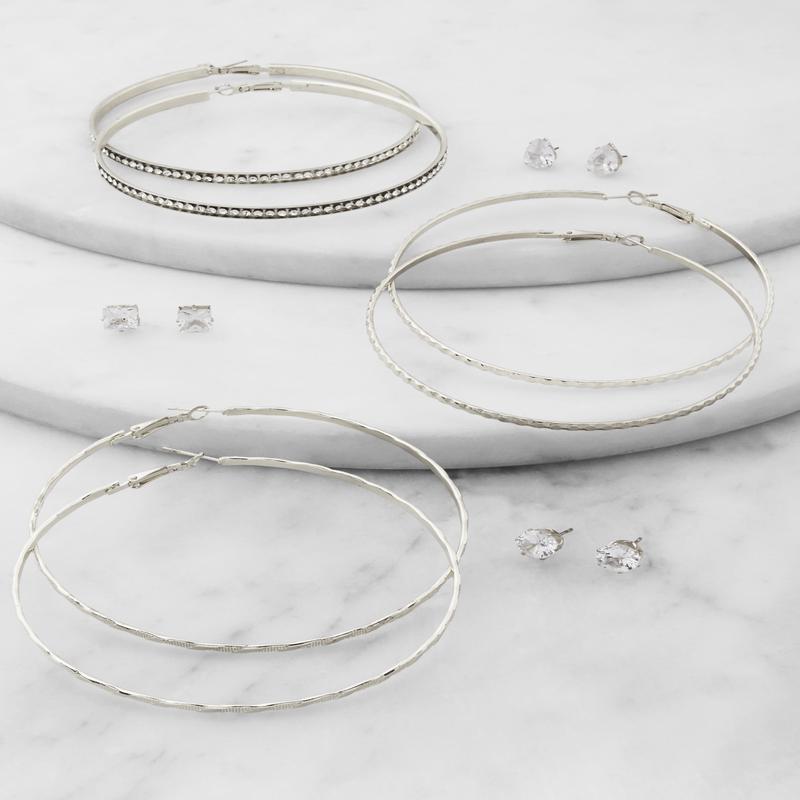 Cubic Zirconia Stud and Hoop Earrings Set of 6