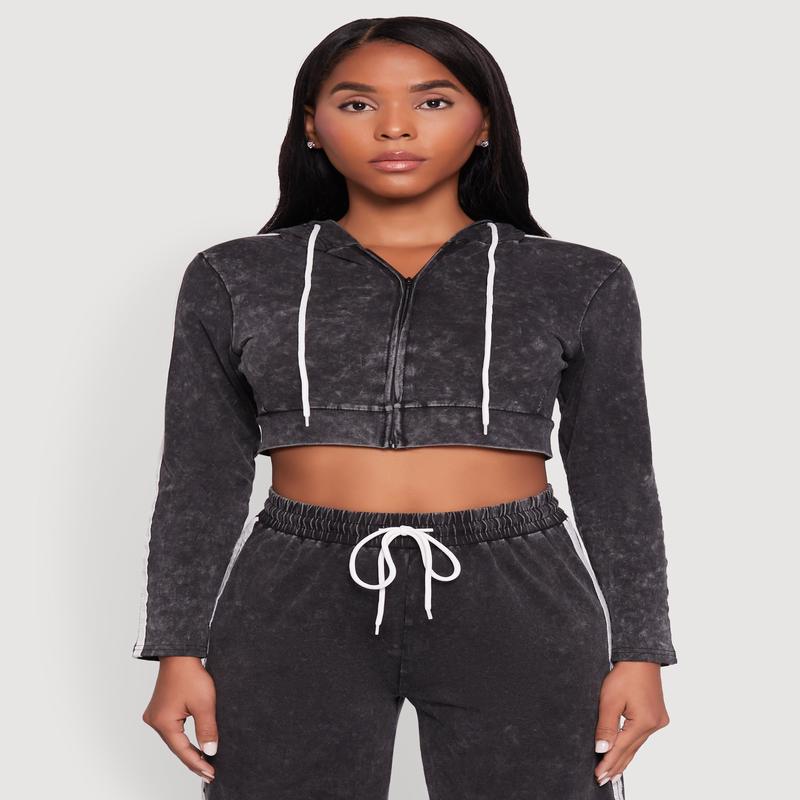 Daisy Mineral Wash Zip Front Cropped Hoodie