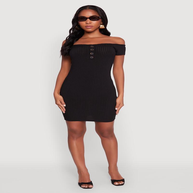 Rib Knit Faux Button Off Shoulder Bodycon Dress