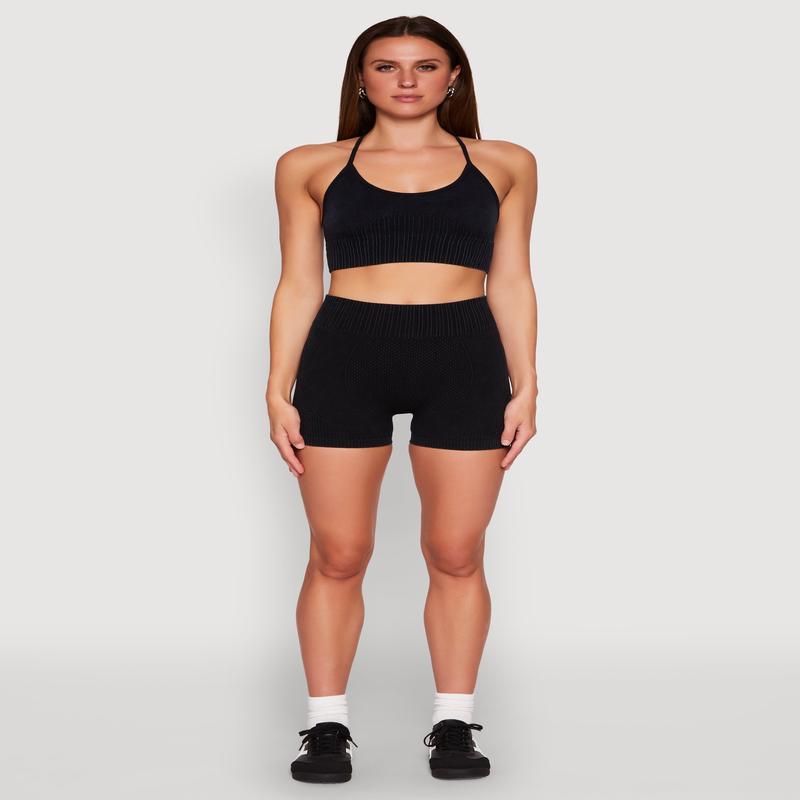 Ruched Seamless Ribbed Knit Biker Shorts