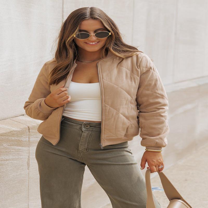 Tan Quilted Bomber Jacket