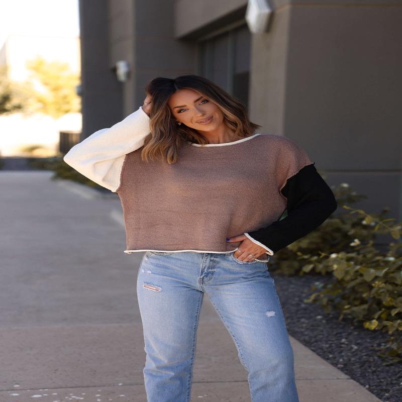 Taupe Color Block Textured Sweater