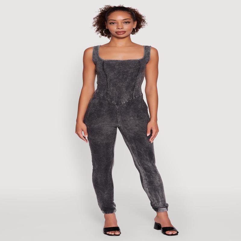 Trendy Acid Wash Sleeveless Square Neck Jumpsuit