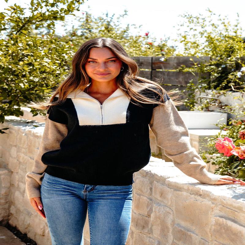 Black Color Block Half Zip Sweater - DOORBUSTER