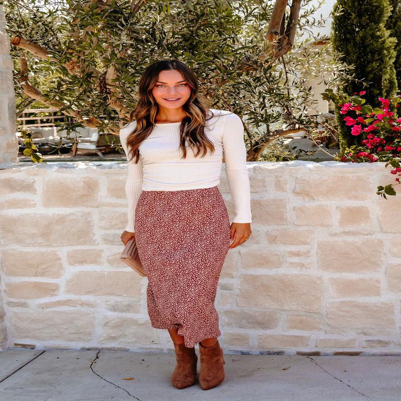 Brown Floral Print Midi Skirt