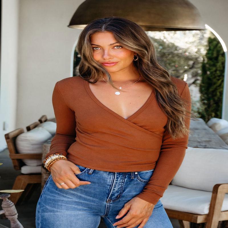 Brown Surplice V Neck Top