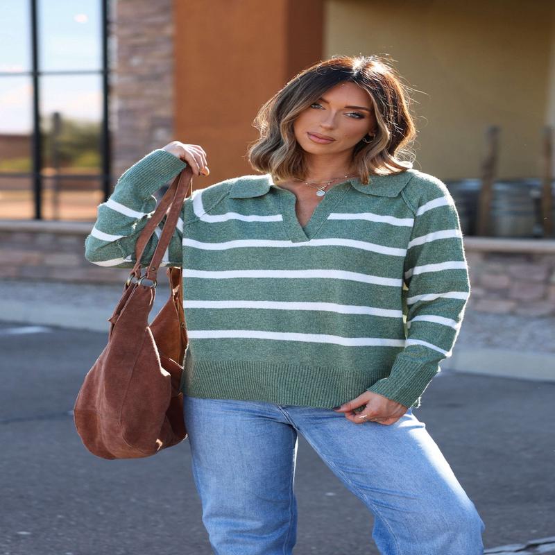 Brinkley Sage and White Striped Sweater