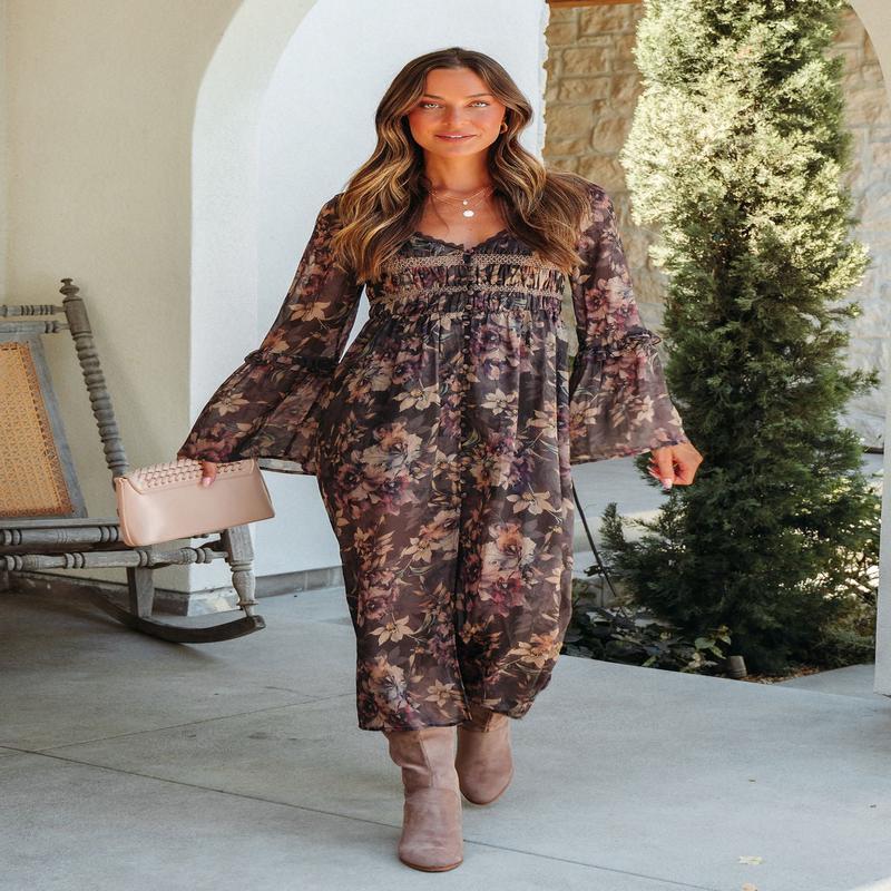 Lori Brown Floral Print Smocked Midi Dress