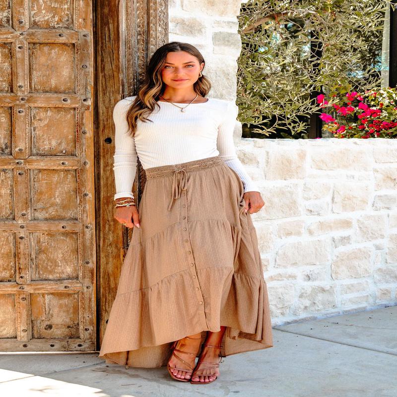 Taupe Striped Lace Trim Tiered Maxi Skirt