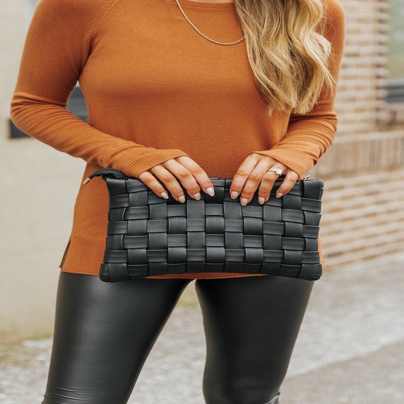 Valentina Black Vegan Leather Woven Clutch