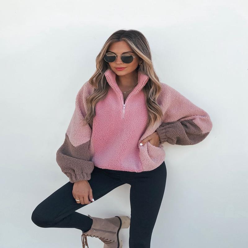 Pink Color Block Sherpa Jacket
