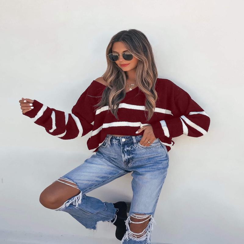 Red and White Striped V Neck Sweater