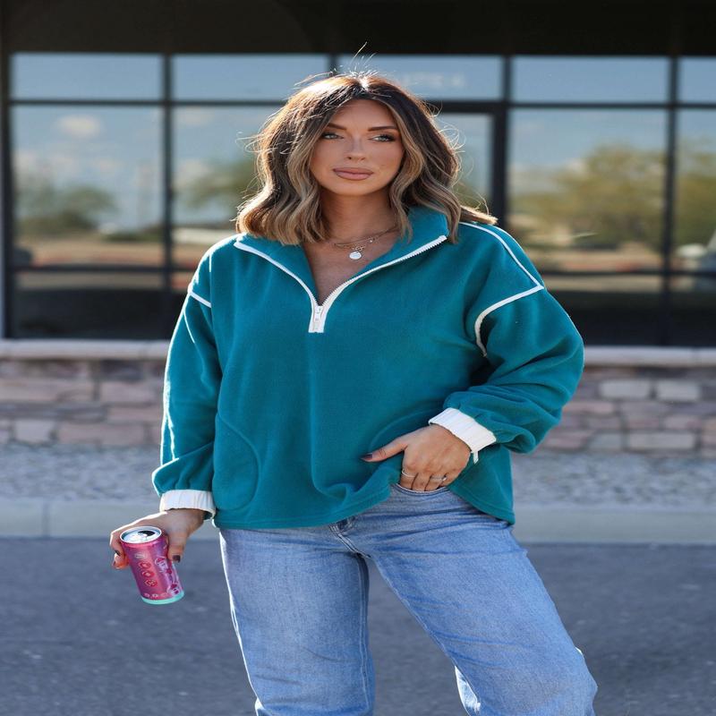 Teal Contrast Half Zip Pullover
