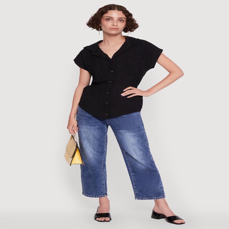 Trendy Smocked Side Button Front Shirt