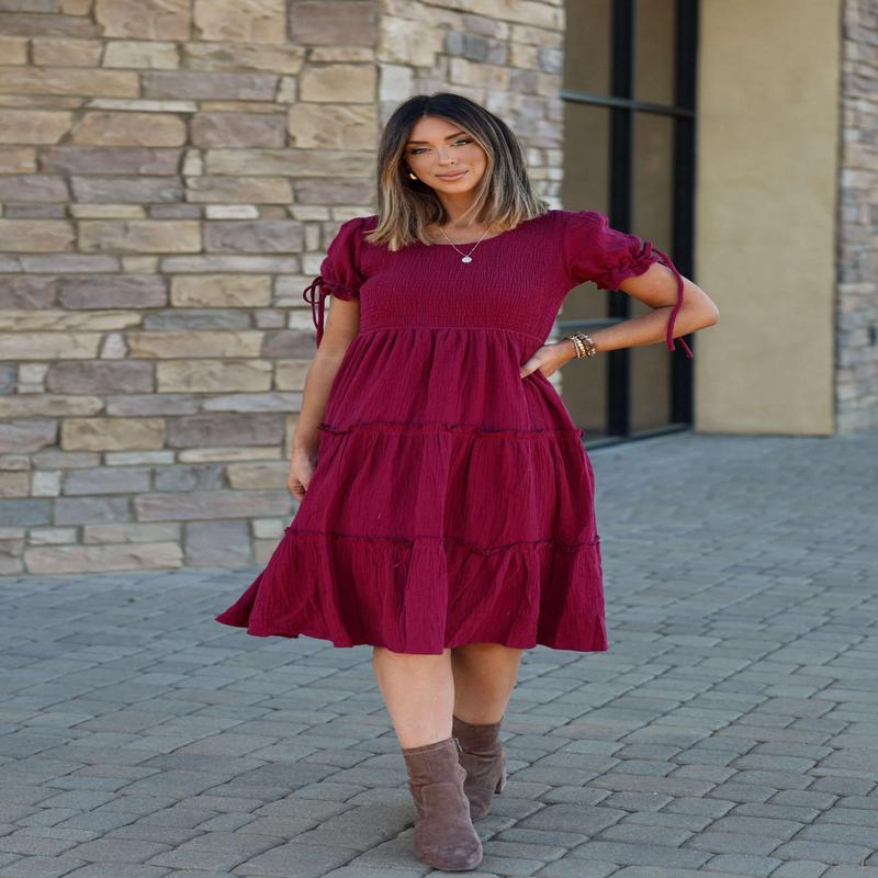 Wine Smock Tiered Midi Dress
