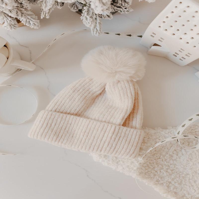 Cozy Ivory Ribbed Pom Beanie