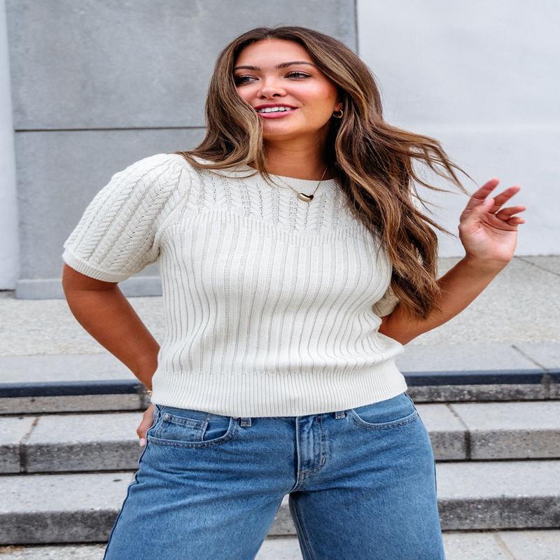 Cream Puff Sleeve Cable Knit Sweater