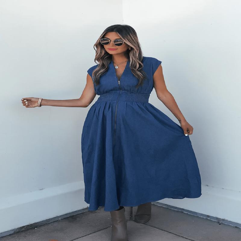 Denim Smocked Zip Up Midi Dress