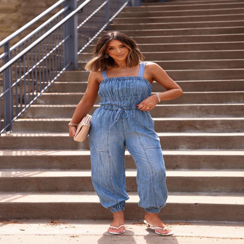 Elan Voyager Smocked Denim Jumpsuit