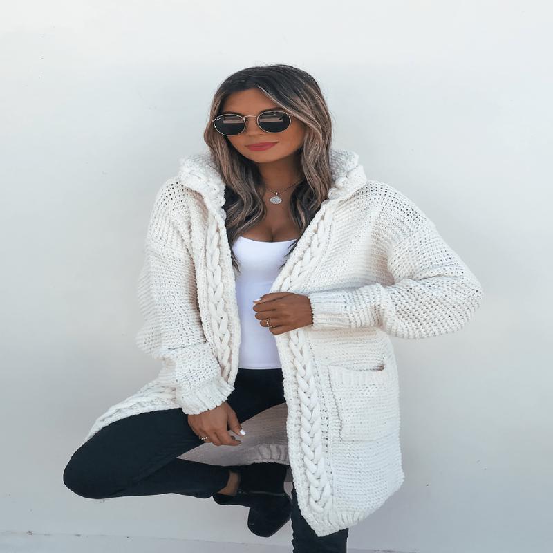 Ivory Braided Trim Hooded Cardigan