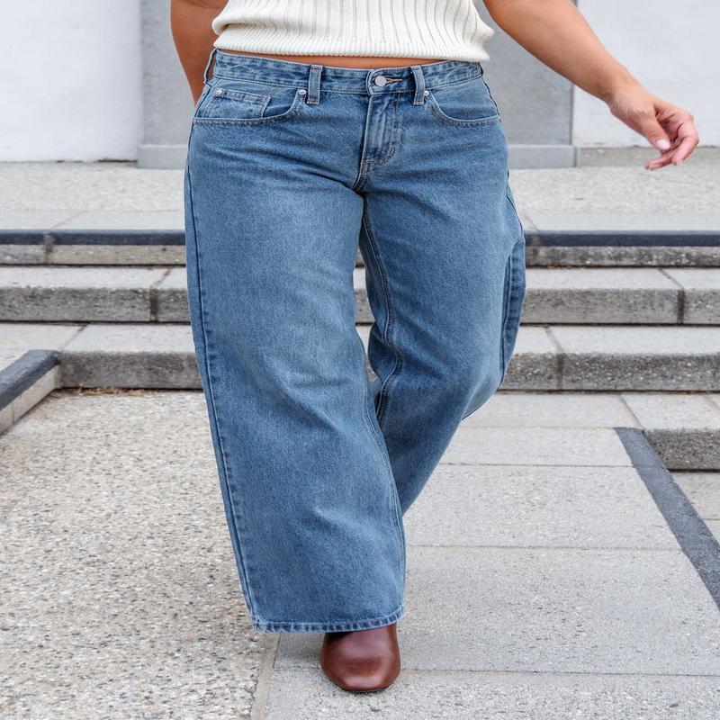 Medium Wash Baggy Wide Leg Jeans