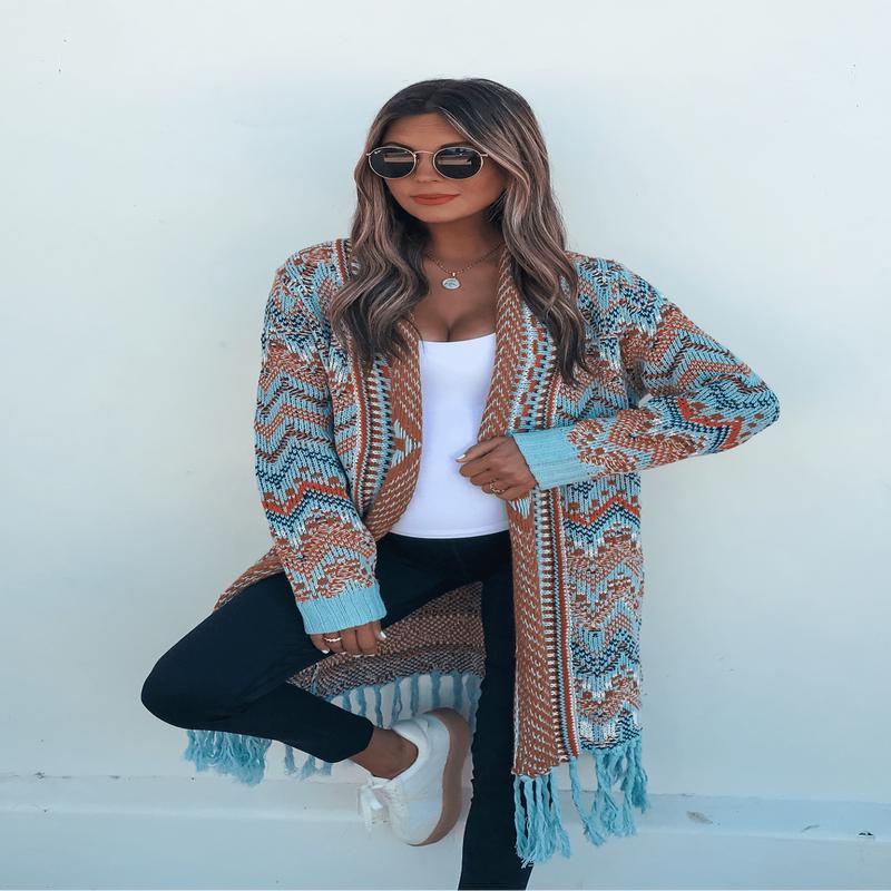 Multi Aztec Stripe Boho Fringe Cardigan