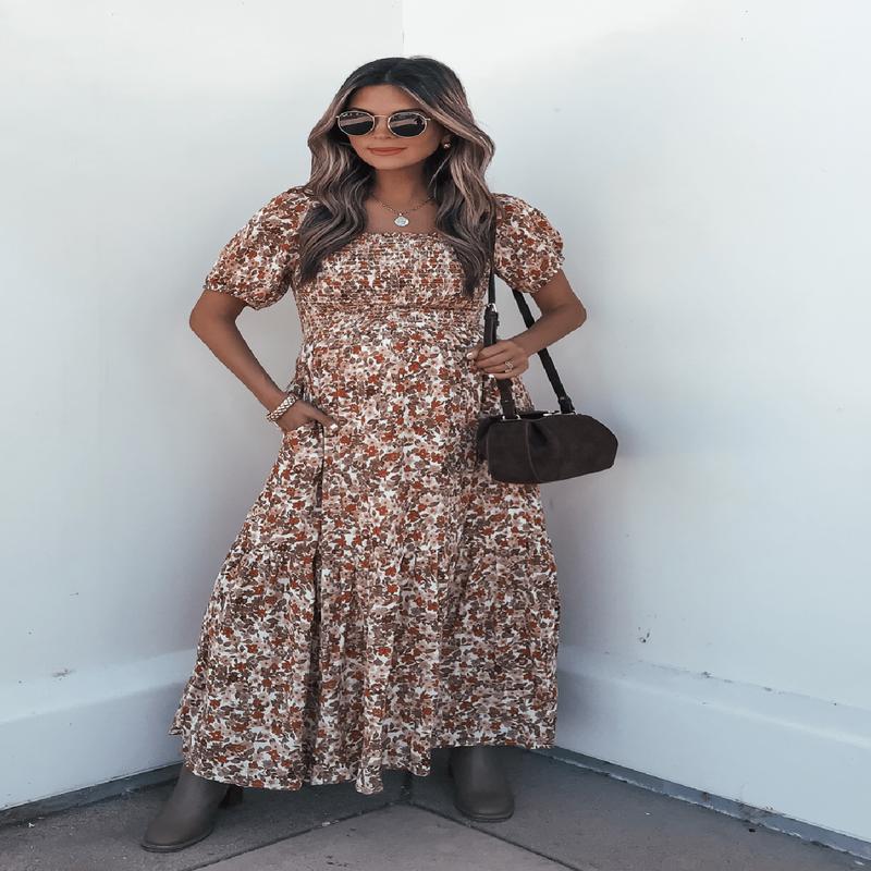 Rust Floral Print Midi Dress