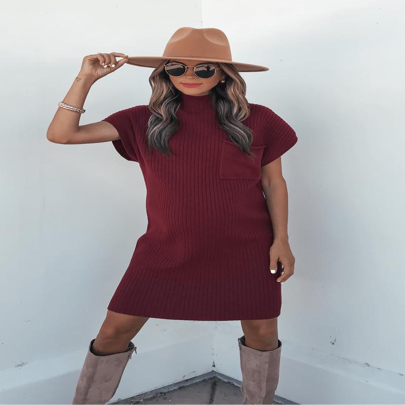 Wine Mock Neck Mini Sweater Dress