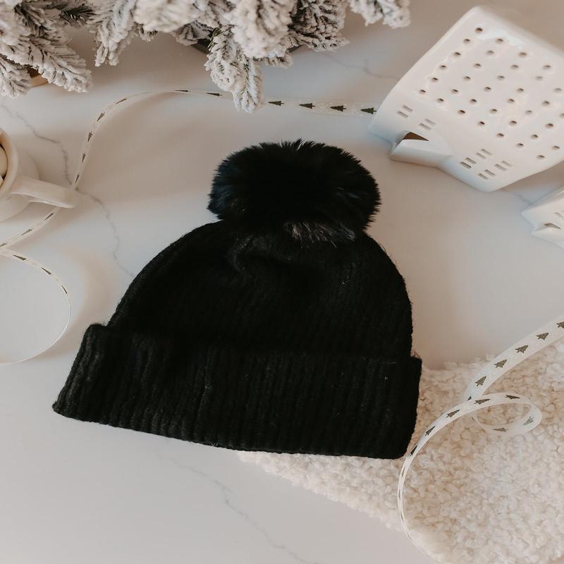 Cozy Black Ribbed Pom Beanie