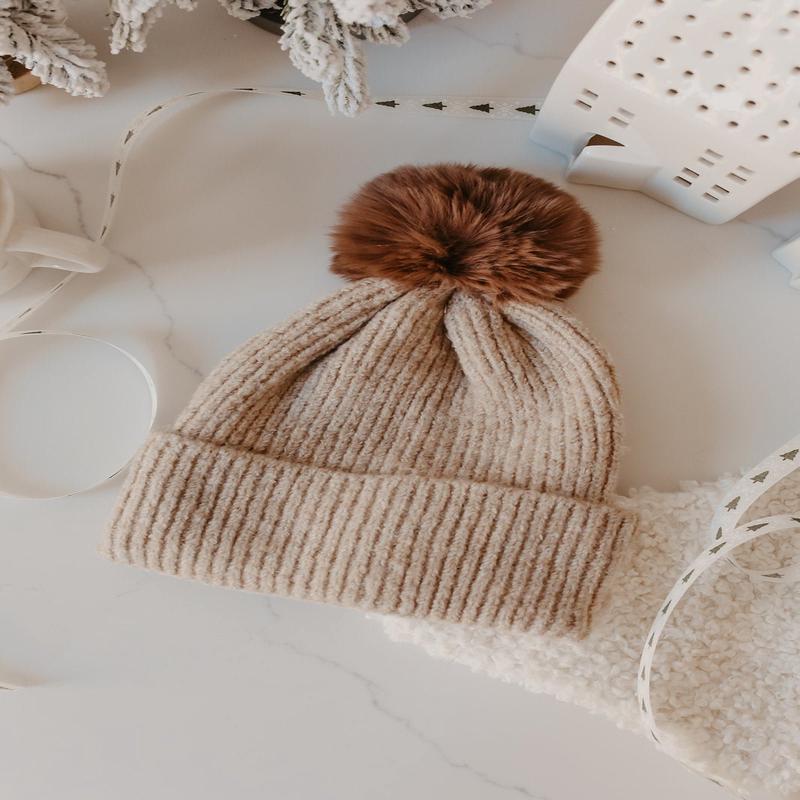 Cozy Khaki Ribbed Pom Beanie