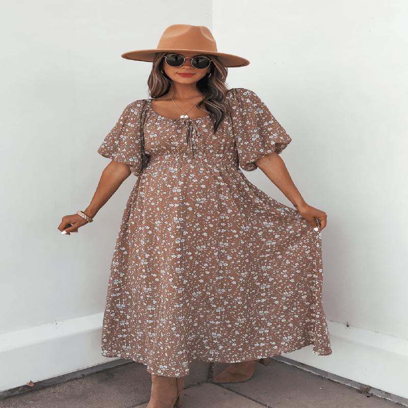 Mocha Floral Print Smocked Midi Dress