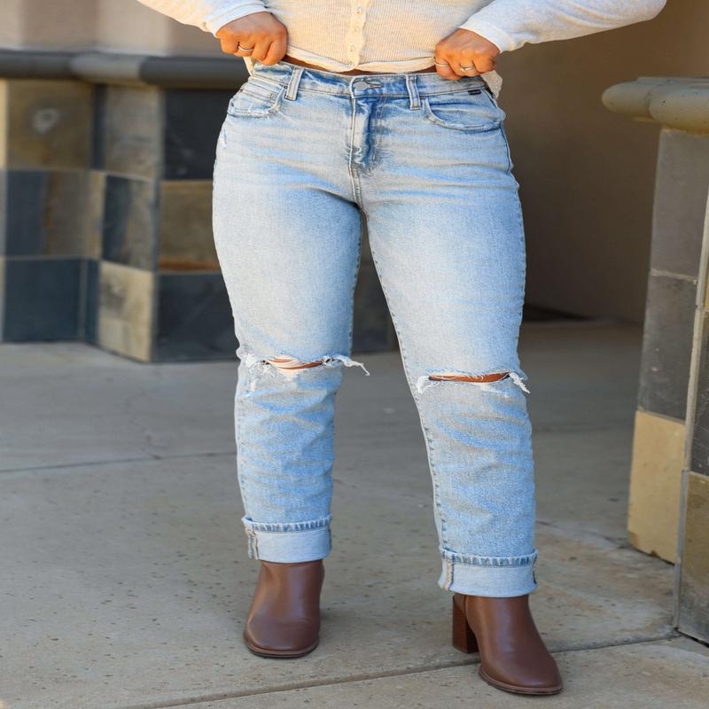 Light Wash Distressed Straight Cuffed Jeans