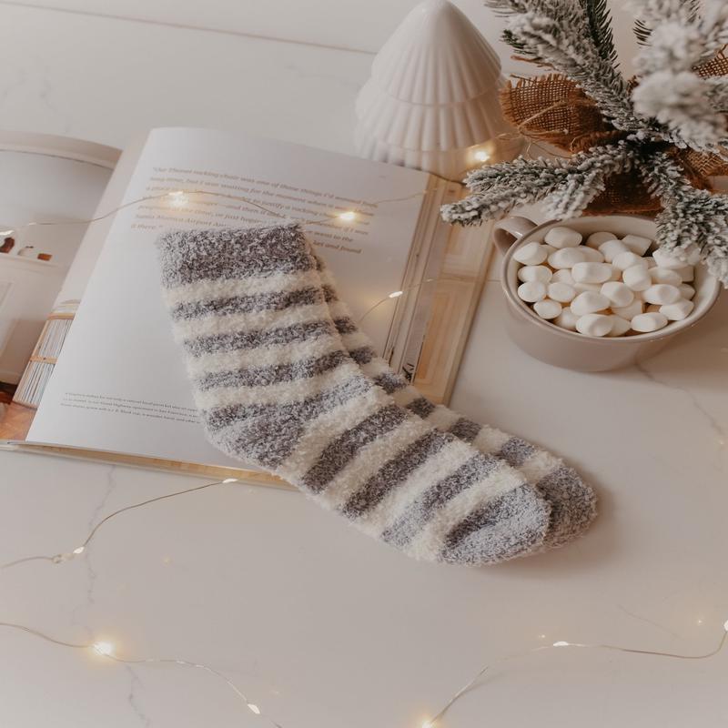Comfy Cozy Striped Fuzzy Socks - GREY