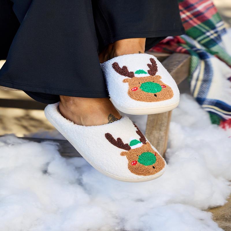 Cream Faux Plush Reindeer Slippers