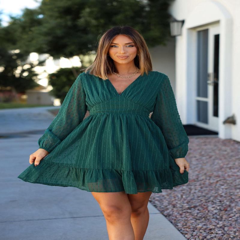 Green Swiss Dot Ruffled Mini Dress