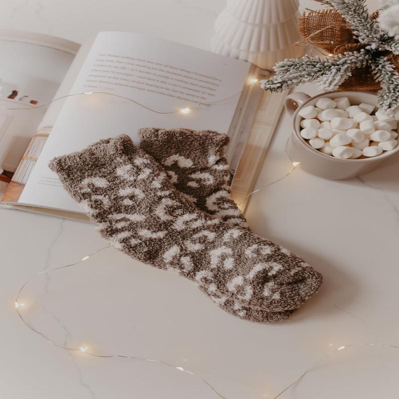 Leopard Print Fuzzy Crew Socks - Taupe