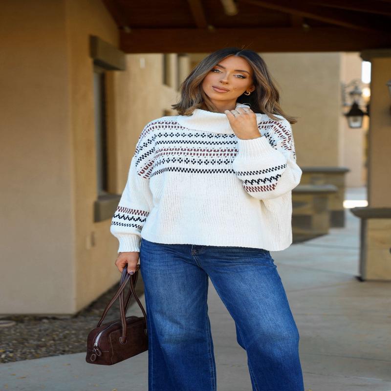 Cream Aztec Print Turtleneck Sweater