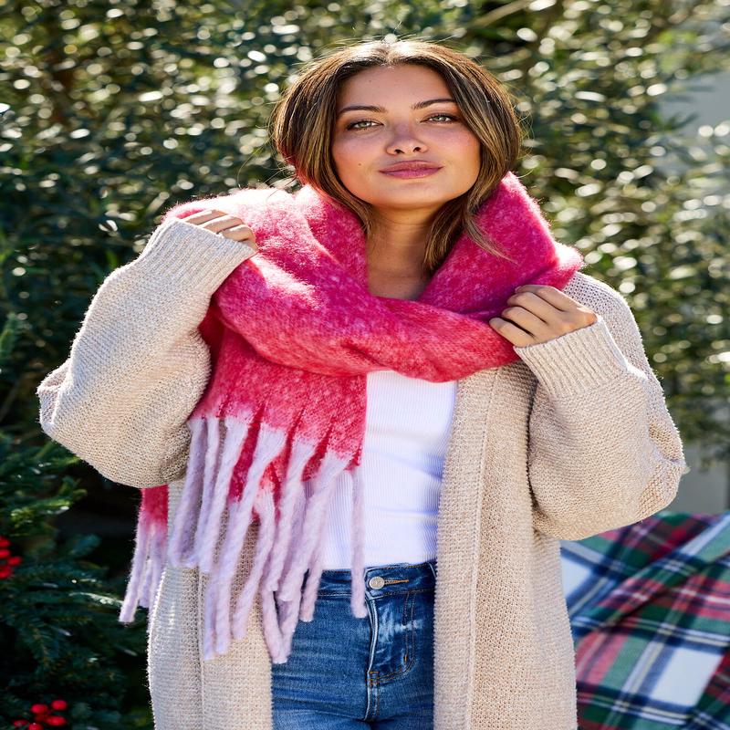 Fluffy Red Ombre Fringe Blanket Scarf