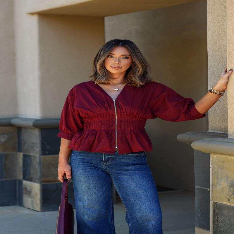 Wine Ruched Zip Up Flare Top