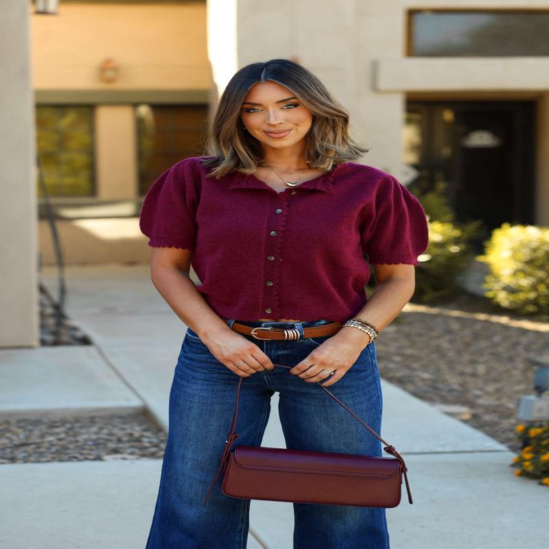 Wine Short Sleeve Button Down Sweater