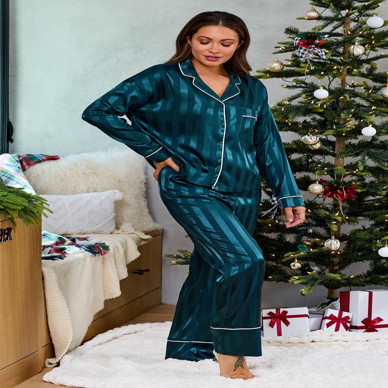 Green Striped Satin Pajama Set