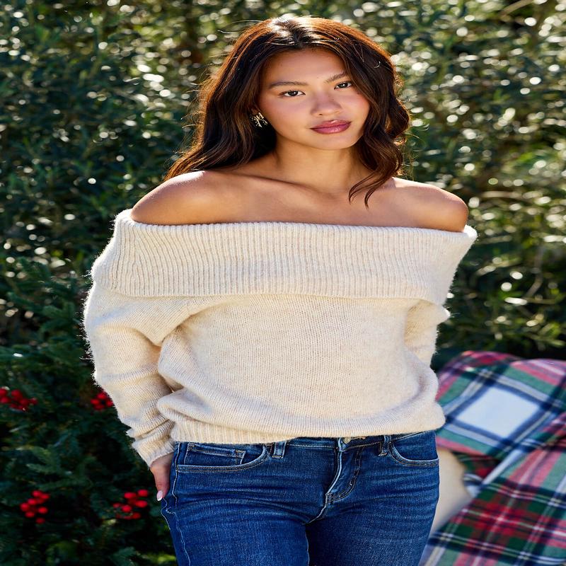 Oatmeal Off The Shoulder Ribbed Sweater