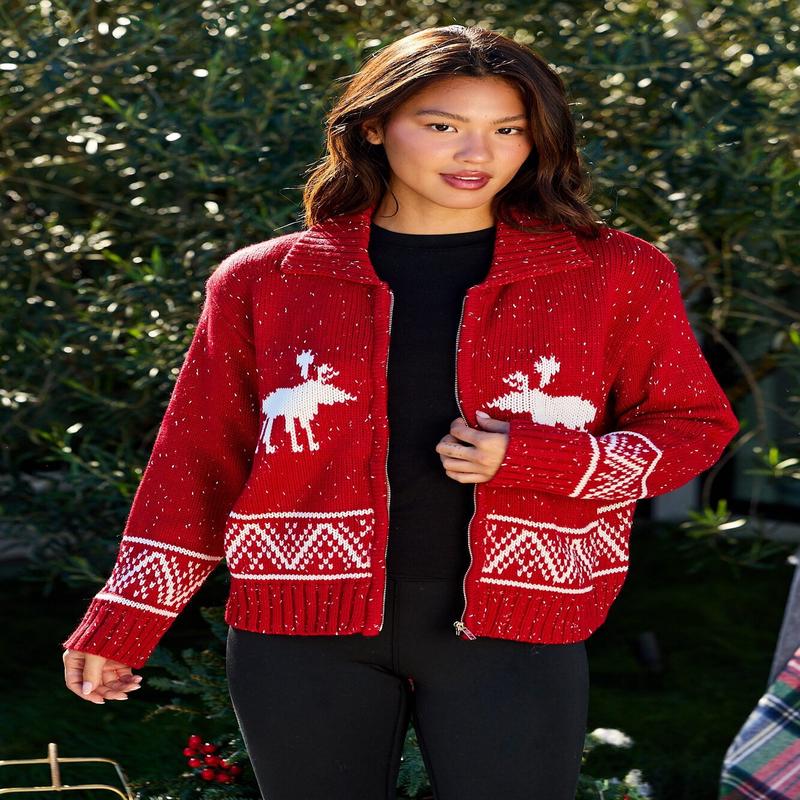 Red and White Aztec Zip Sweater Cardigan