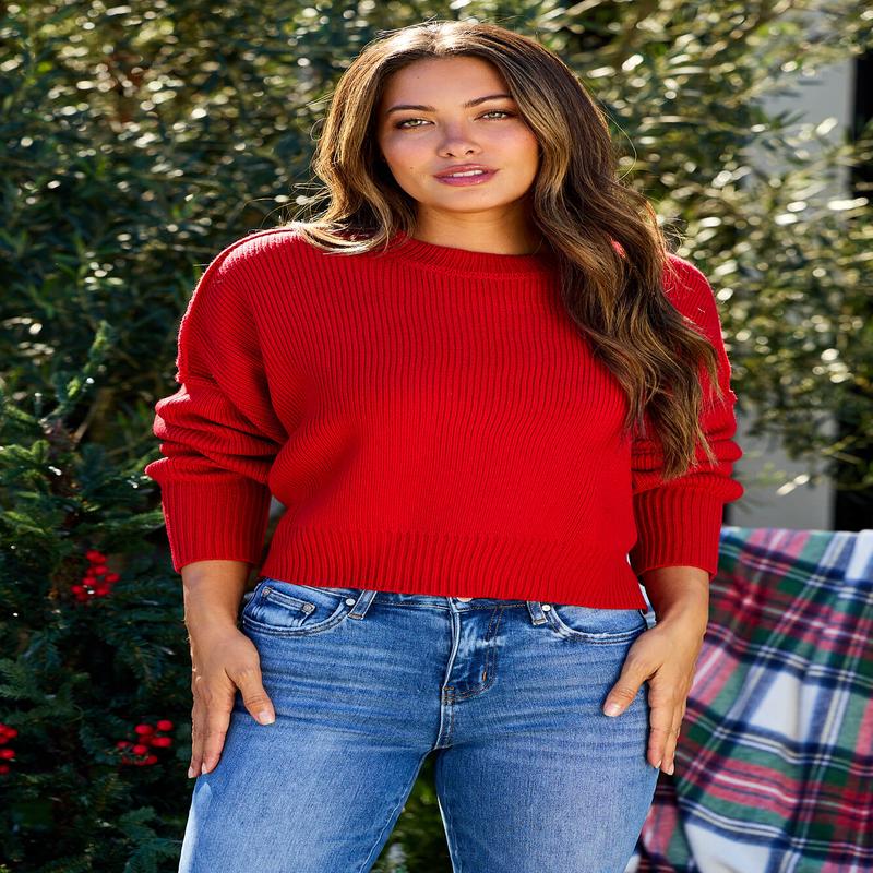 Red Drop Shoulder Ribbed Sweater