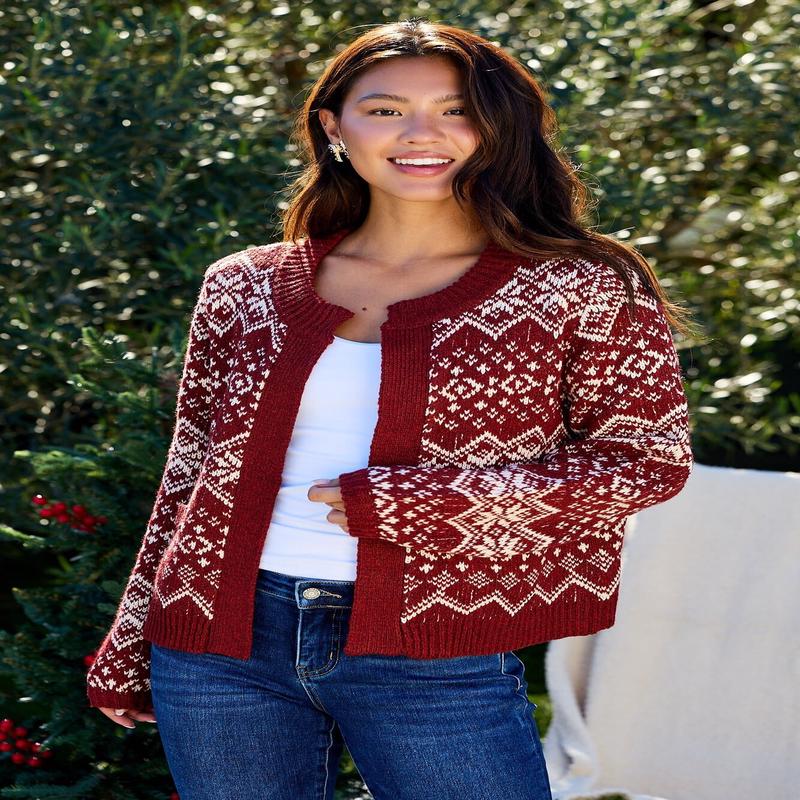 Red Fair Isle Open Front Cardigan
