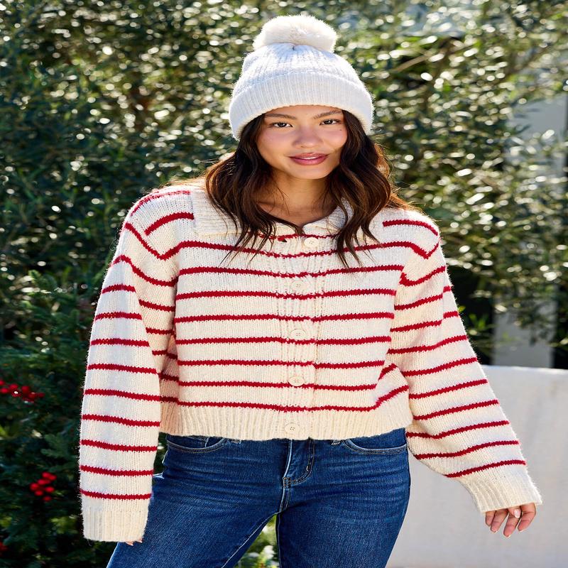 Red Striped Button Down Knit Cardigan