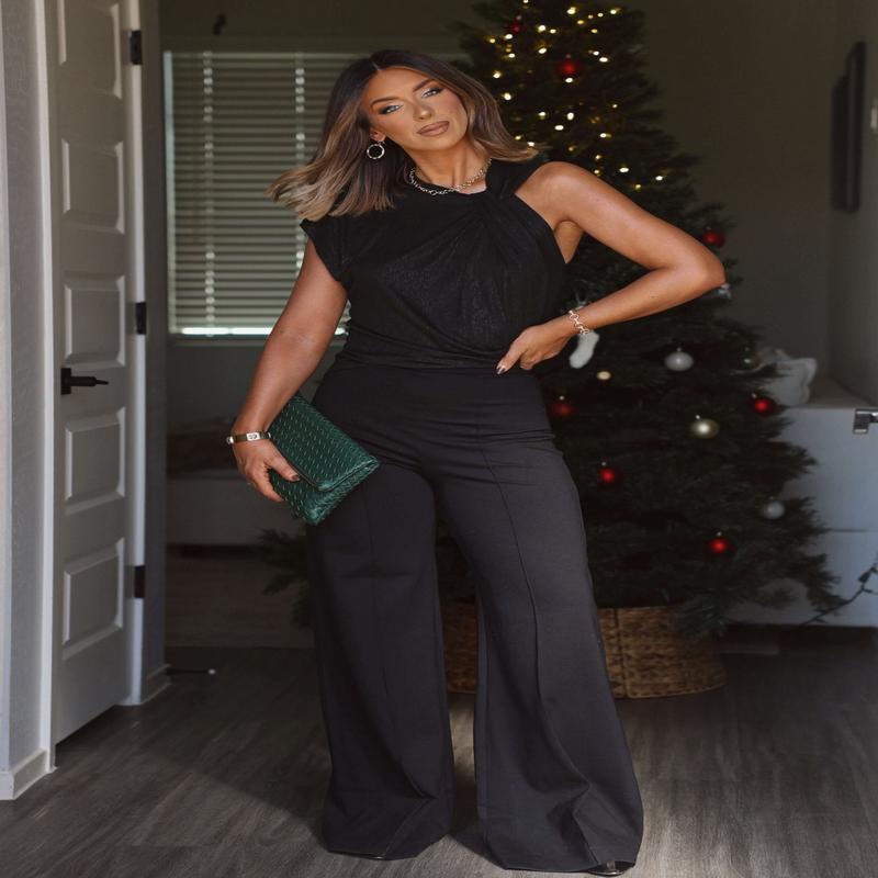 Elan Black Seam Detail Wide Leg Pull-On Pants