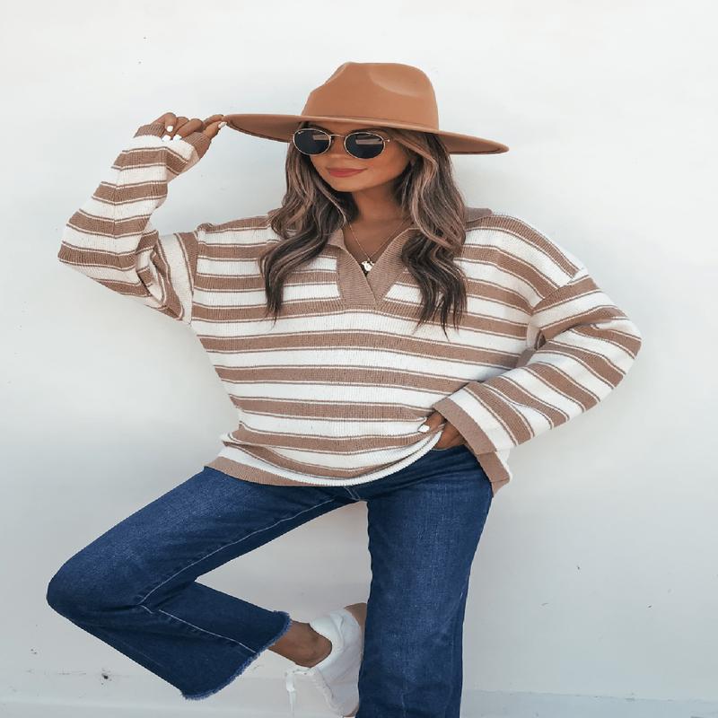 Oatmeal Split V Neck Striped Sweater