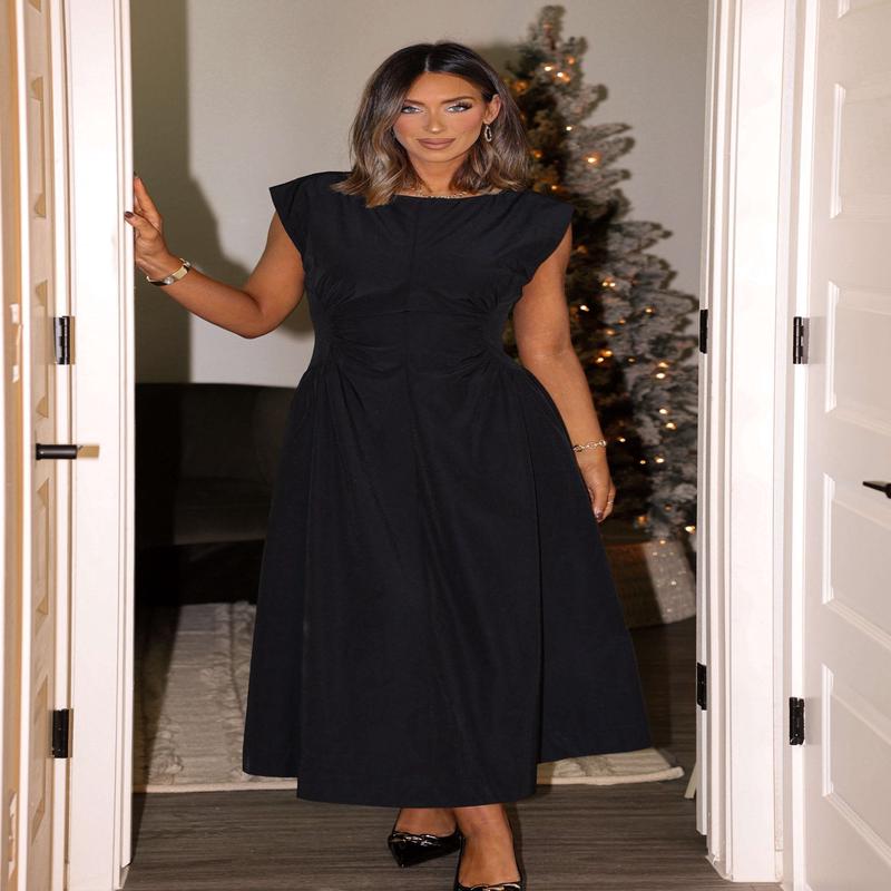 Black Ruched Detail Midi Dress