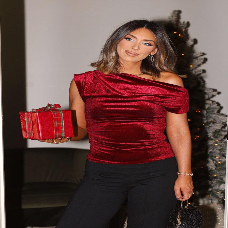 Burgundy Asymmetrical Ruched Velvet Top